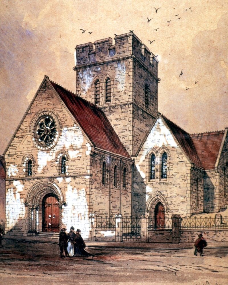 A watercolour and ink drawing with white highlights of old St James' church Dover from 1868 during its restoration work.
