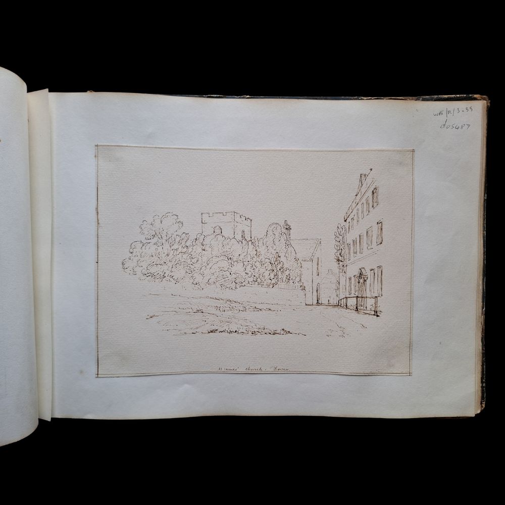 A sepia ink outline drawing of St James' church, Dover. The facade and the battlement feature of the church can be seen behind a wall and trees.