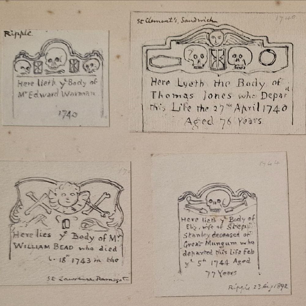 A series of small pencil drawings of 18th century gravestones from Sandwich, Ripple and Ramsgate. The gravestones feature symbols including skulls, crossed bones, angel wings, and hourglasses.
