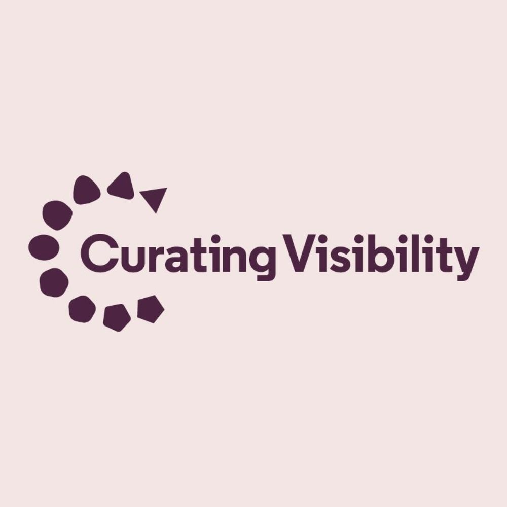A dark purple logo for Curating Visibility set on a pale pink background