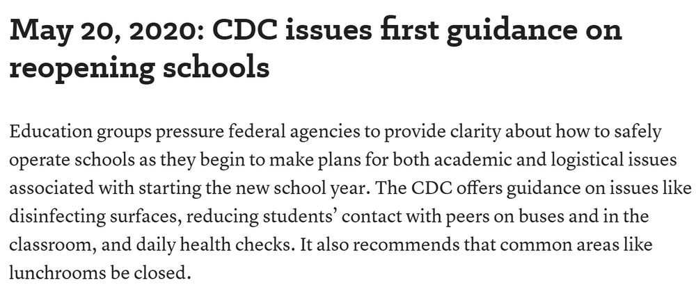 The reopening guidance was issued on May 20, 2020 when Trump was President. https://www.edweek.org/leadership/forever-changed-a-timeline-of-how-covid-upended-schools/2022/04