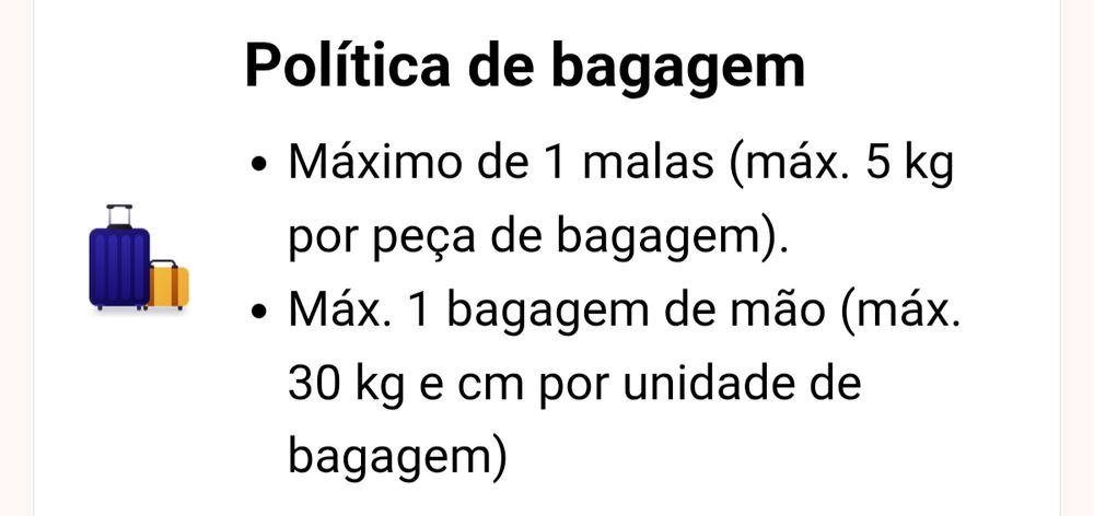 print com a política de bagagem de uma empresa de ônibus que diz que são 30 kg pra mals de mão e 5 kg pra despachada. 