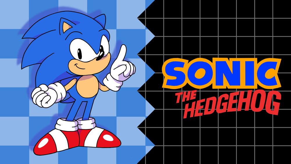 Sonic the Hedgehog wagging his finger next to the Sonic the Hedgehog (1991) logo. The background is split between a blue checkered board pattern and a black and grey grid split vertically with a zigzag line.