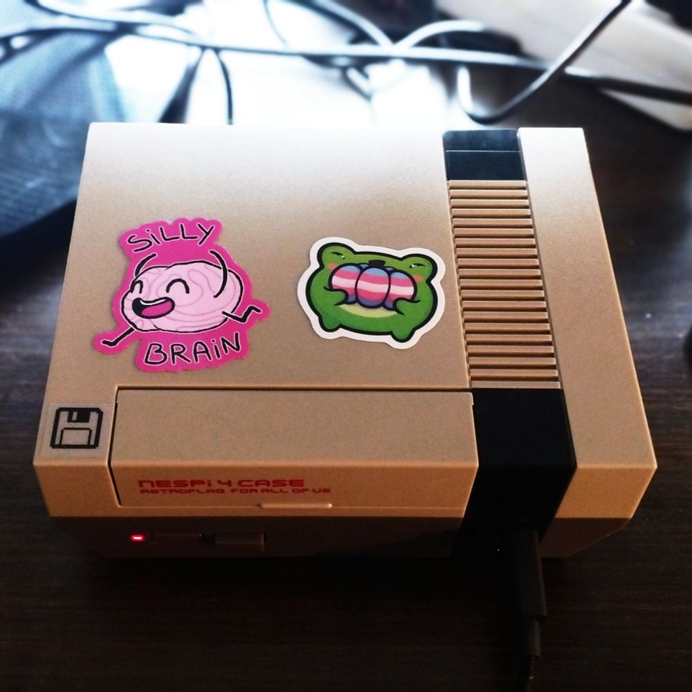 I decorated the case of my Raspberry Pi with self-adhesives that represent me wonderfully ! Trans flag & Silly brain !