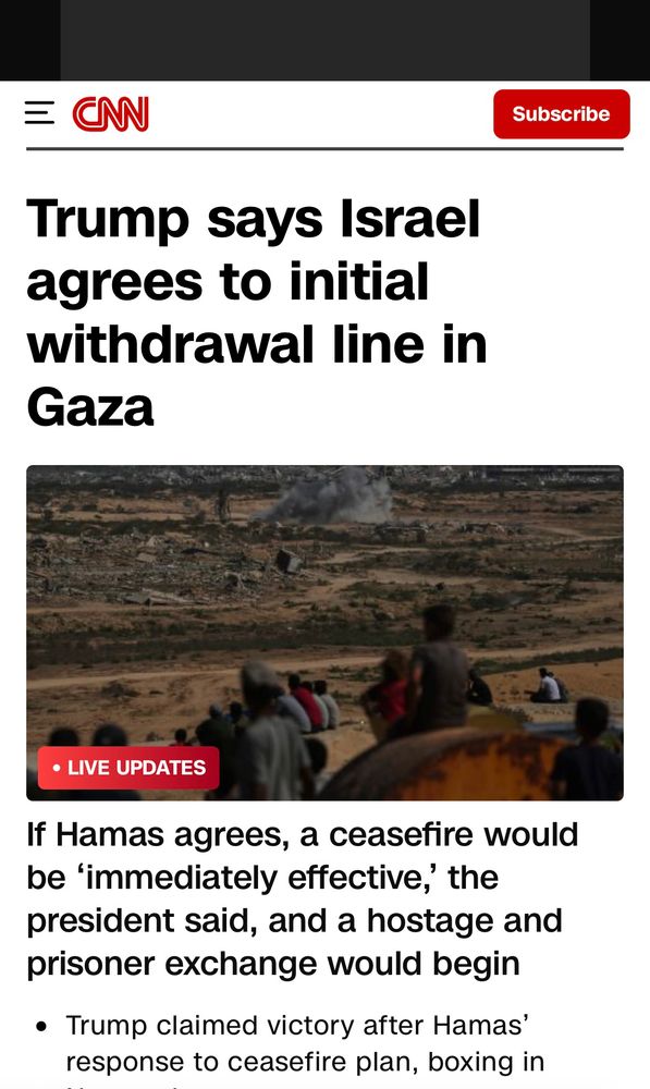 Screenshot shows CNN’s top headline as “Trump says Israel agrees to initial withdrawal line in Gaza”
