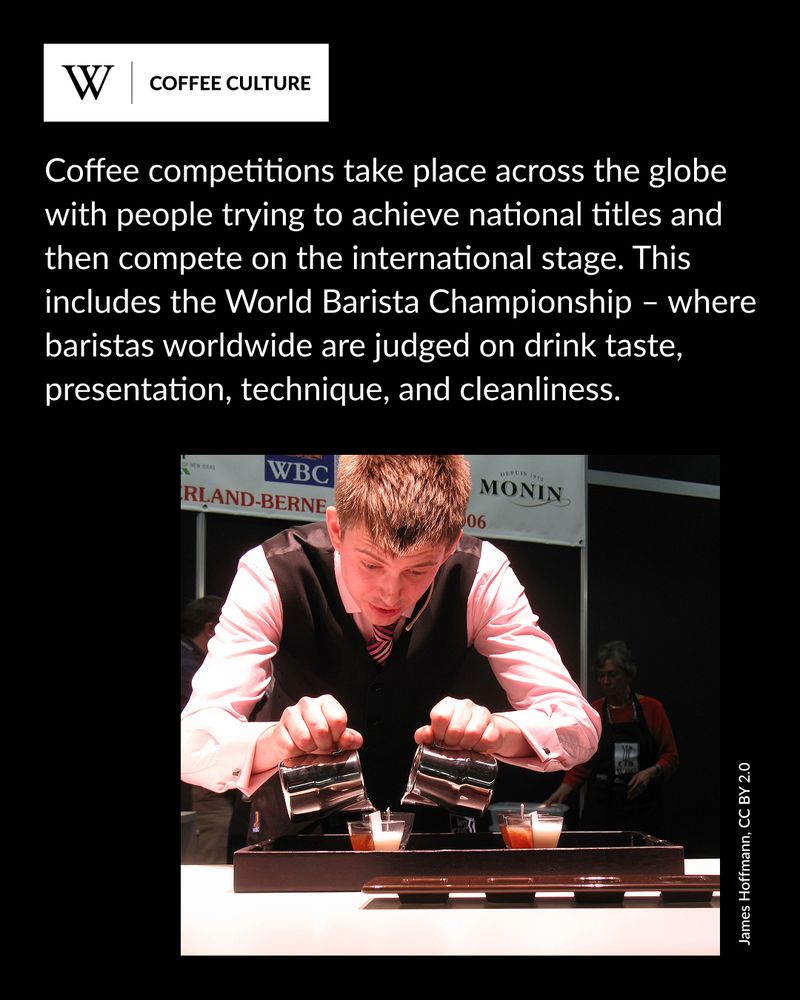 A focused barista simultaneously pours two drinks during a coffee competition, with judges in the background. Text says: Coffee competitions take place across the globe with people trying to achieve national titles and then compete on the international stage. This includes the World Barista Championship – where baristas worldwide are judged on drink taste, presentation, technique, and cleanliness.