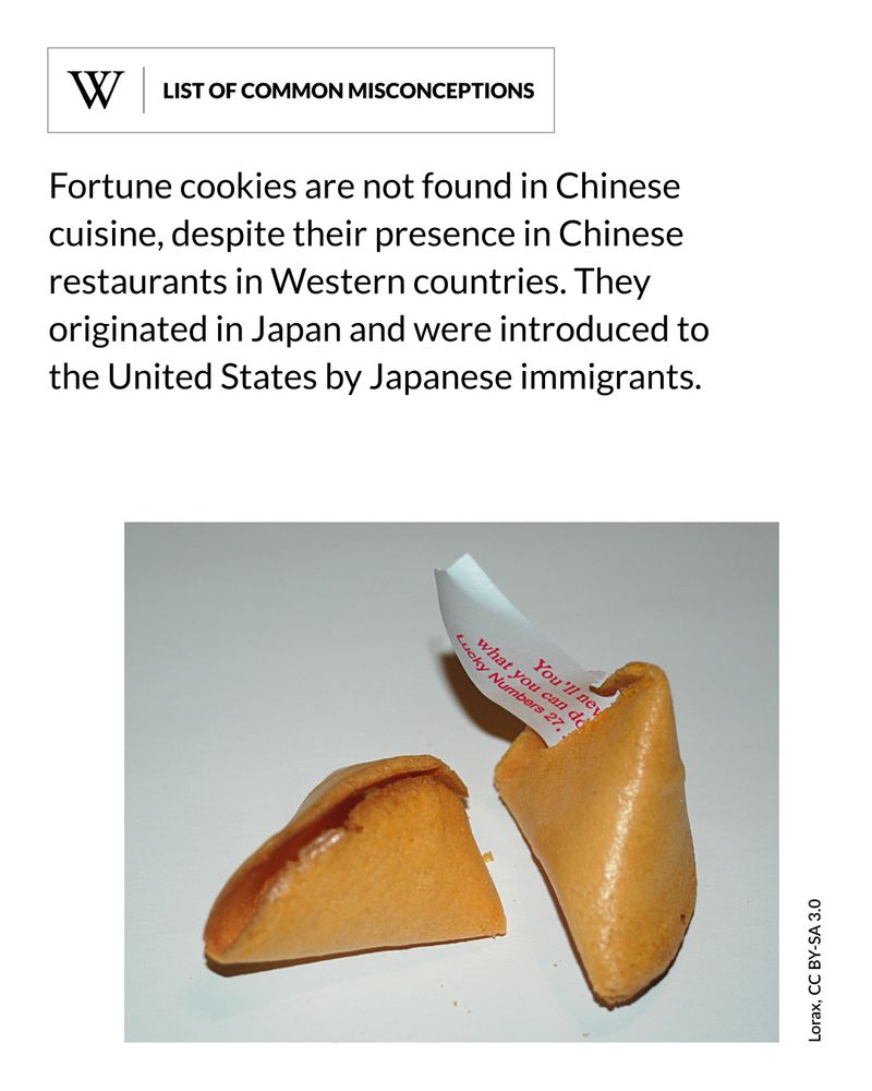 A broken fortune cookie with a visible paper slip partially revealing a fortune and lucky numbers. The cookie rests on a plain white surface. Text says: Fortune cookies are not found in Chinese cuisine, despite their presence in Chinese restaurants in Western countries. They originated in Japan and were introduced to the United States by Japanese immigrants.