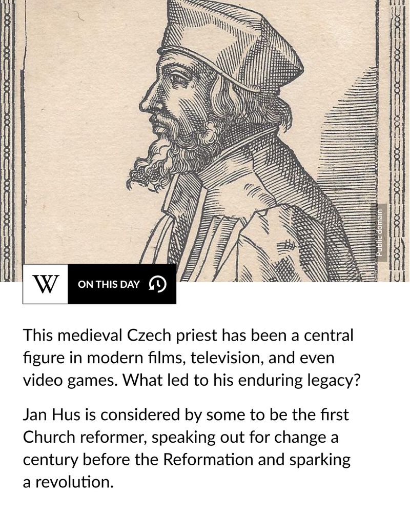 Woodcut portrait of Jan Hus in profile, wearing a cap and robe, with Gothic script identifying him and a short German verse below. Text says: This medieval Czech priest has been a central figure in modern films, television, and even video games. What led to his enduring legacy? Jan Hus is considered by some to be the first Church reformer, speaking out for change a century before the Reformation and sparking a revolution.