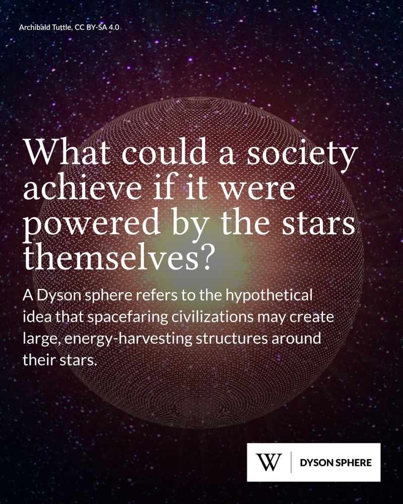 A glowing star surrounded by a spherical, grid-like structure, representing a Dyson sphere concept, against a starry backdrop. Text says: What could a society achieve if it was powered by the stars themselves? A Dyson sphere refers to the hypothetical idea that spacefaring civilizations may create large energy harvesting structures around their stars.