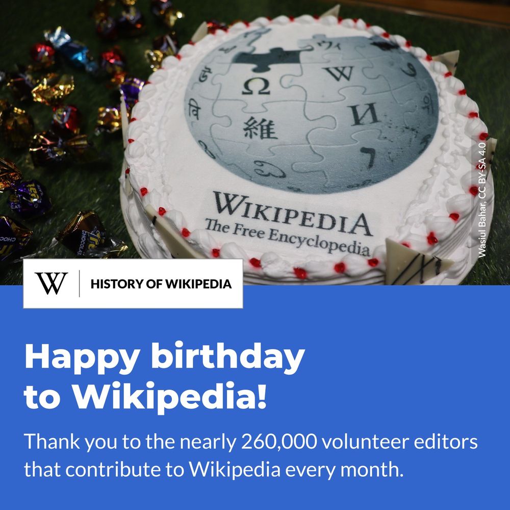 Birthday cake adorned with the Wikipedia puzzle globe logo. Text says: Happy birthday to Wikipedia! Thank you to the nearly 260,000 volunteer editors that contribute to Wikipedia every month.