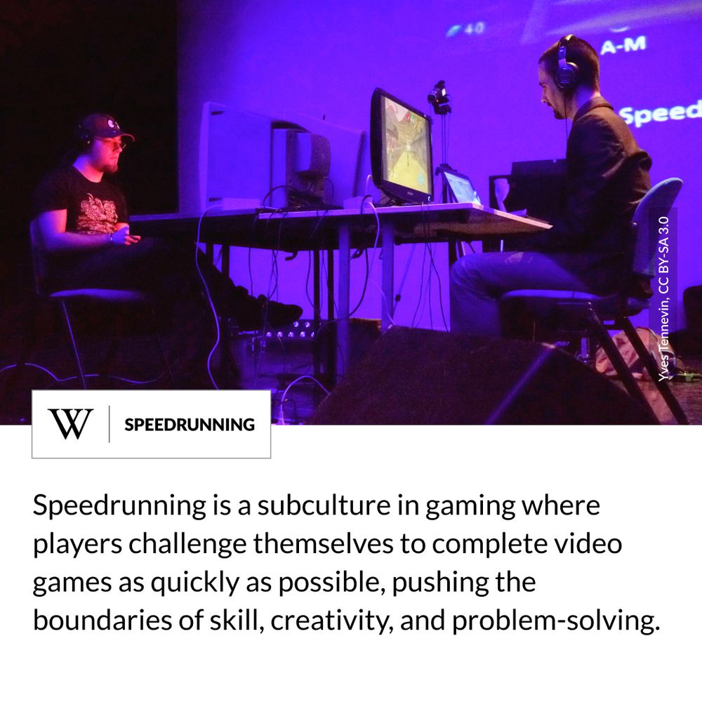 Two individuals seated at a table, each using a laptop, engaged in a video game competition. Text says: Speedrunning is a subculture in gaming where players challenge themselves to complete video games as quickly as possible, pushing the boundaries of skill, creativity, and problem-solving.