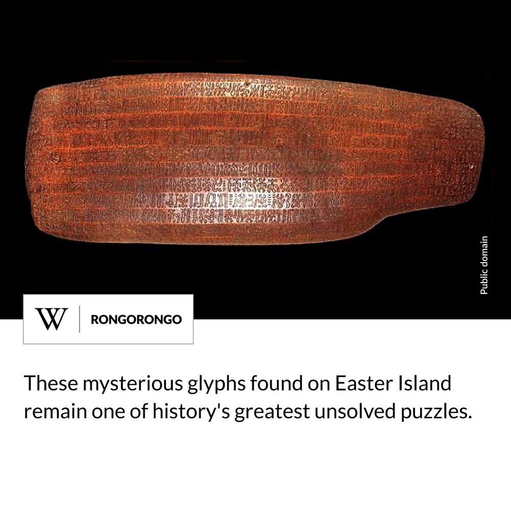 A wooden tablet featuring glyphs engraved in the surface. Text says: These mysterious glyphs found on Easter Island remain one of history's greatest unsolved puzzles.