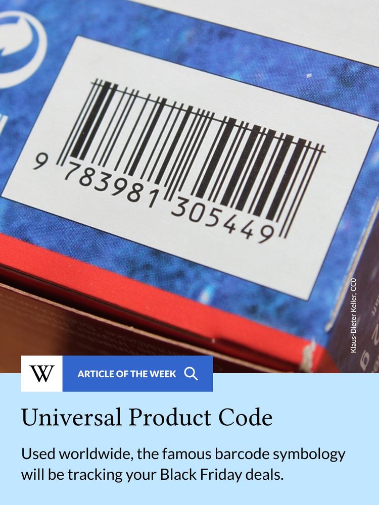 Article of the Week: Universal Product Code. Used worldwide, the famous barcode symbology will be tracking your Black Friday deals. The image depicts a barcode with vertical lines on a package of tea.