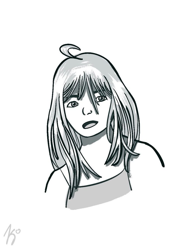 A vaguely feminine person drawn in greyscale from the shoulders up. They have long hair that falls past their shoulders and a curled cowlick on top of their head. They're smiling as if in the middle of talking. They're wearing a camisole. And they're staring at the viewer.
