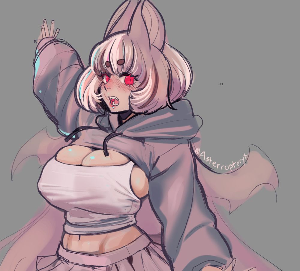 my OC luna who is a bat girl, wearing a cropped hoodie with a tight white tank top and short pleated skirt