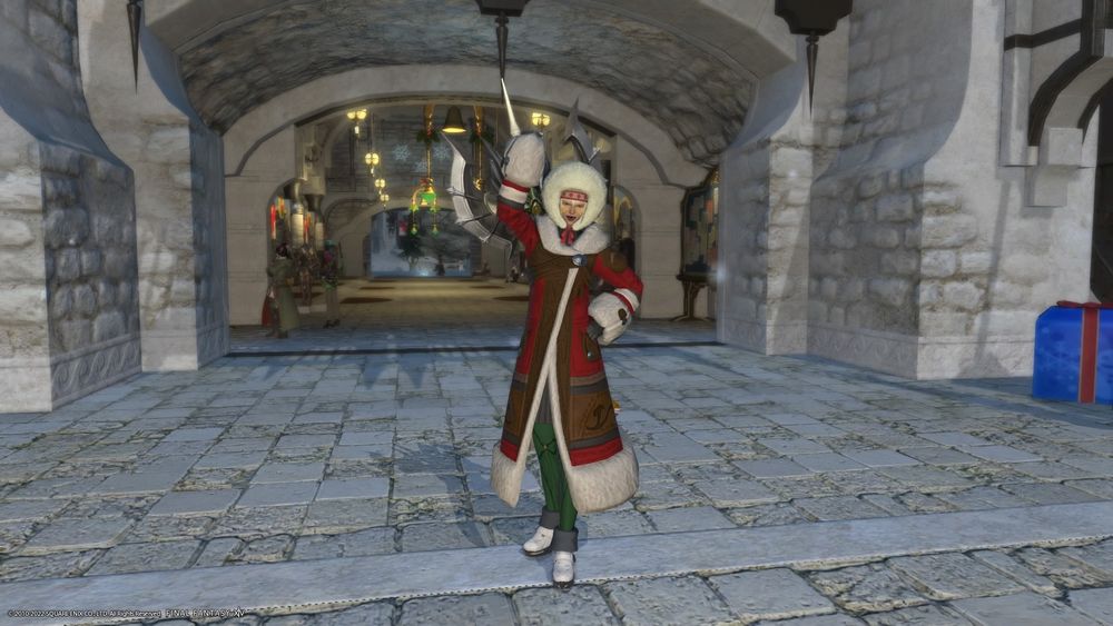 Caterine in a puffy red-and-green coat for the holidays. 