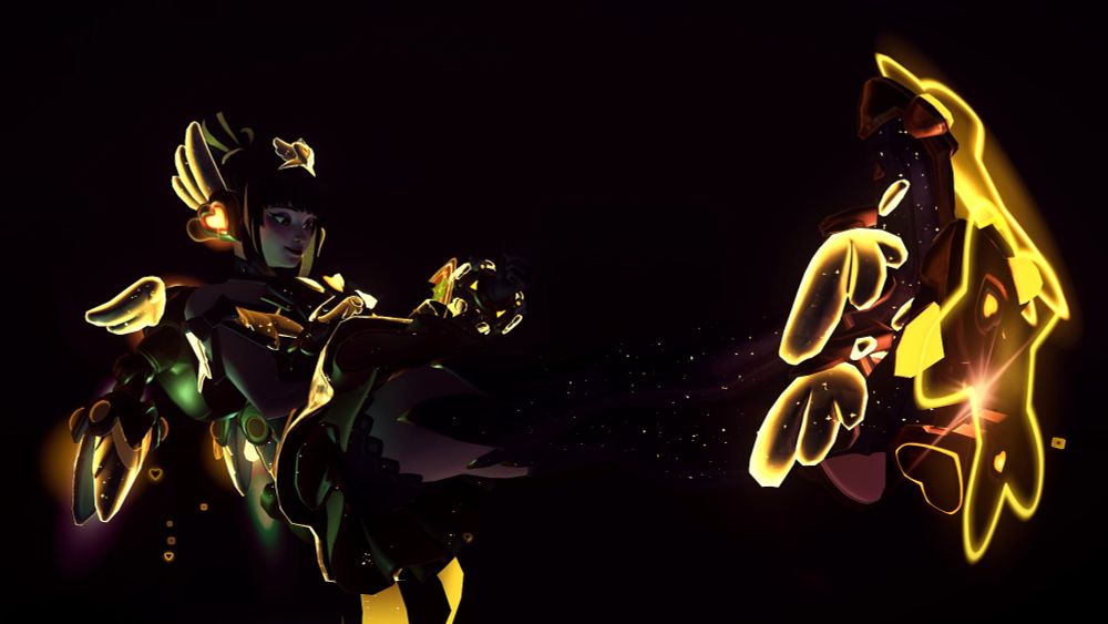 Overwatch 2 screenshot of Juno in her Mythic "Heart of Hope" skin with the Gilded colors (Black & Gold). She is floating in the air with both her legs stretched out, one crossed over the other. She is looking at the little screen on her arm gauntlet with a smile. Behind her is a black background.