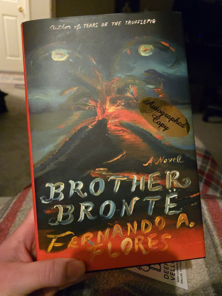 The cover to Brother Brontë by Fernando Flores. The cover depicts a abstract painting of eyes over a volcano.