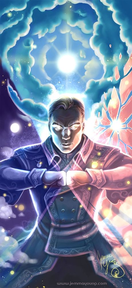 Art by Jemma Young. The art depicts Dalinar Kholin, a middle aged Alethi man, using Honor's power to recreate Honor's perpendicularity in Thaylen City. He is depicted with glowing eyes and the art is subdivided into three sections representing the Physical, Cognitive, and Spiritual realms. 