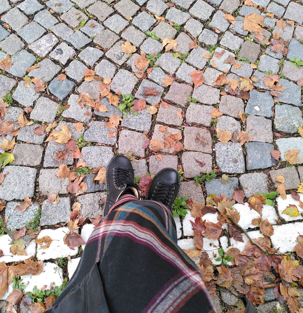 Fees karierter Rock und schwarze, feste Stiefel, Blickrichtung Kopfsteinpflaster und Herbstlaub.