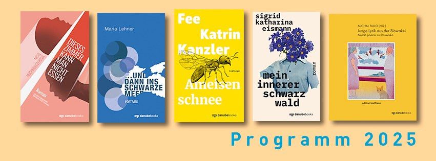 Zu sehen sind die fünf Neuerscheinungen »Dieses Zimmer kann man nicht essen« von Nicol Hochholczerová, »… und dann ins Schwarze Meer« von Maria Lehner, »Ameisenschnee« von Fee Katrin Kanzler, »Mein innerer Schwarzwald« von Sigrid Katharina Eismann und »Junge Lyrik aus der Slowakei«.