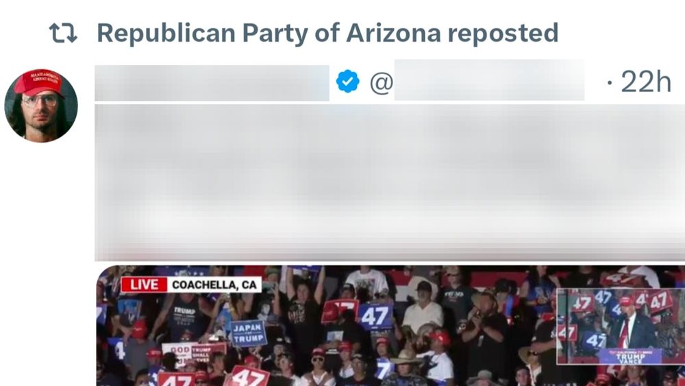 Screenshot showing part of a post on X. At the top, it reads "Republican Party of Arizona reposted." The username, handle, and text of the post are blurred out. But a blue check mark is shown, indicating the user pays for verification on X. The timestamp of the post is from 22 hours ago. Embedded in the post is a video from Trump's recent speech in Coachella, California. To the left of the post is a profile picture that shows late cult leader David Koresh, a white man with long brown hair and glasses, wearing a bright red MAGA hat. 