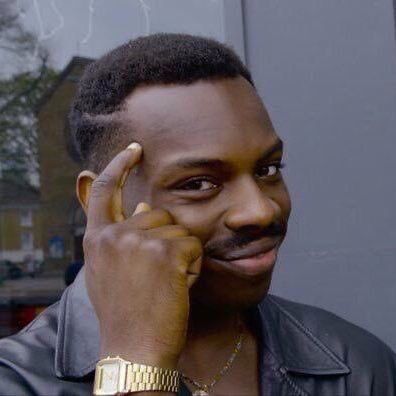 Meme of a man smiling and pointing to his temple to indicate “thinking”