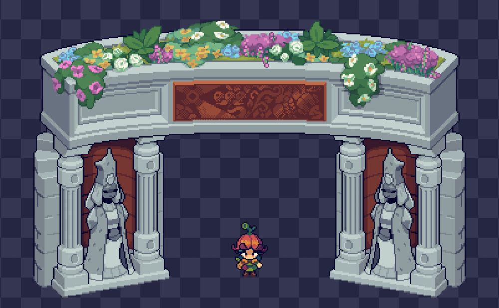 Stone arch with a garden on top and two statues on each side.