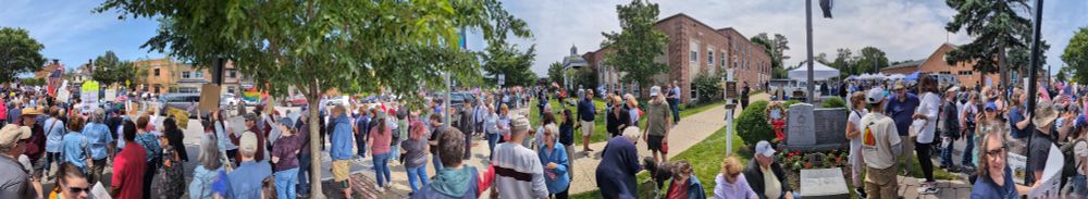 Panorama shot of the crowd in the village of Williamsville, NY on No Kings day