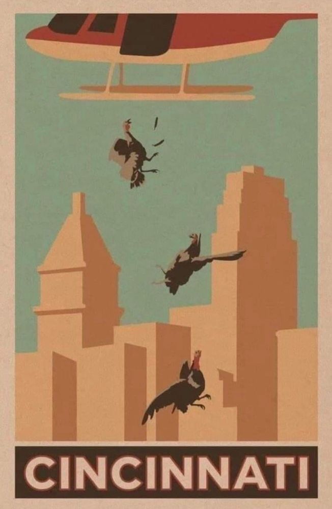 Three turkeys falling out of a helicopter but god as my witness I thought they could fly. Stylized cityscape background of Cincinnati.