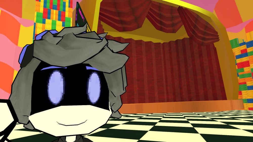 Me, in VRChat, in front of a stage in a world named "The Amazing Digital Circus !".