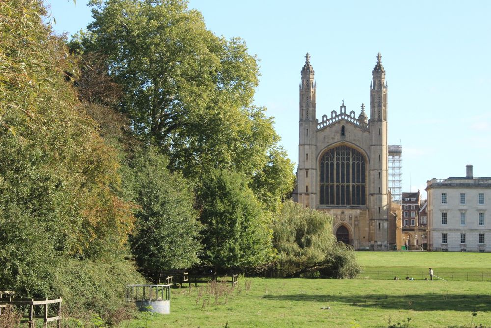 Scenic view of King's College Chapel, Cambridge, partially framed by lush greenery and trees on a sunny day, with people punting in the middle of the image.