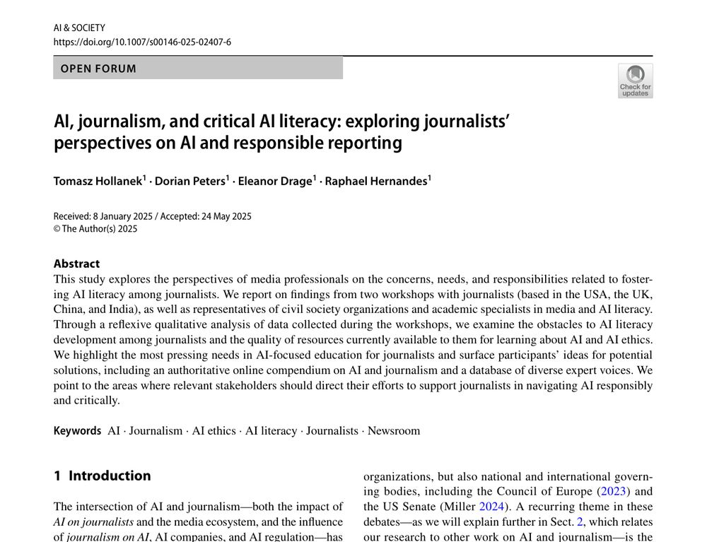 Screenshot of an academic article titled "AI, journalism, and critical AI literacy: exploring journalists’ perspectives on AI and responsible reporting" by Tomasz Hollanek, Dorian Peters, Eleanor Drage, and Raphael Hernandes, published in AI & Society. The abstract summarizes findings from workshops with journalists and experts, discussing AI literacy needs and proposing educational resources. Keywords include AI, journalism, and AI ethics.