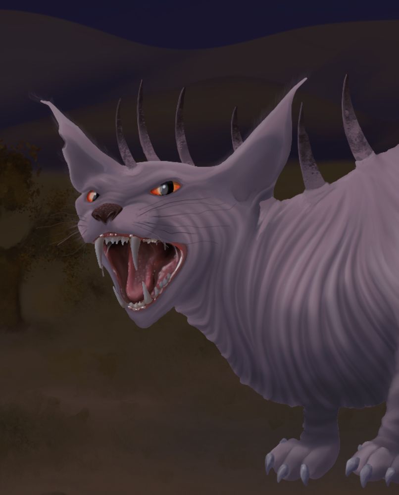 An illustration of a hairless cat crouched in the desert at night time. The cat has spines coming out of its back and abnormally long fangs. It appears to be hissing.