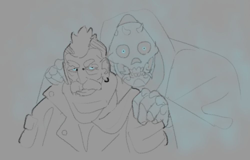 an old, stylishly warm punk gentleman flanked by some sort of spectral, grim reaper-like entity