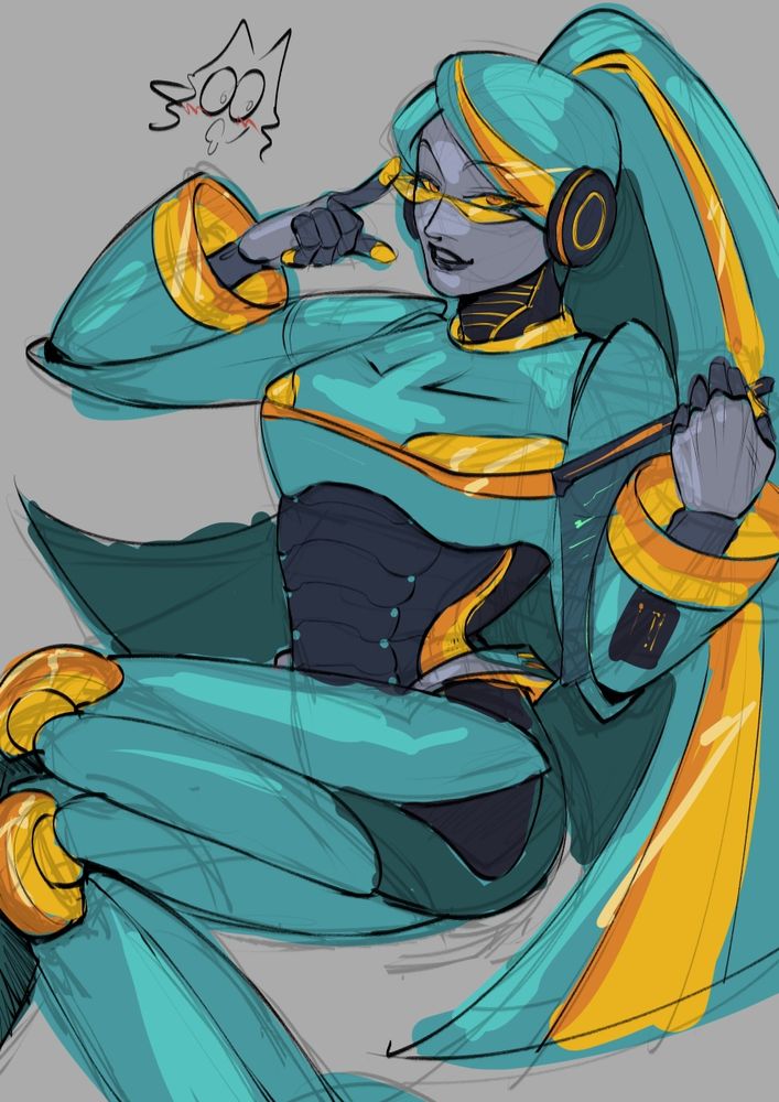 A female transformer with a teal and gold color palette. Her chest is the front hood of a car, her face and hands are grey with gold fingertips and glasses.
