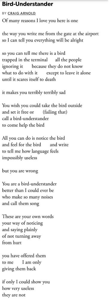 Bird-Understander
BY CRAIG ARNOLD
Of many reasons I love you here is one
the way you write me from the gate at the airport so I can tell you everything will be alright
so you can tell me there is a bird trapped in the terminal all the people ignoring it because they do not know what to do with it except to leave it alone until it scares itself to death
it makes you terribly terribly sad
You wish you could take the bird outside and set it free or (failing that) call a bird-understander to come help the bird
All you can do is notice the bird and feel for the bird and write to tell me how language feels impossibly useless
but you are wrong
You are a bird-understander better than I could ever be who make so many noises and call them song
These are your own words your way of noticing and saying plainly of not turning away from hurt
you have offered them
to me
I am only
giving them back
if only I could show you how very useless they are not