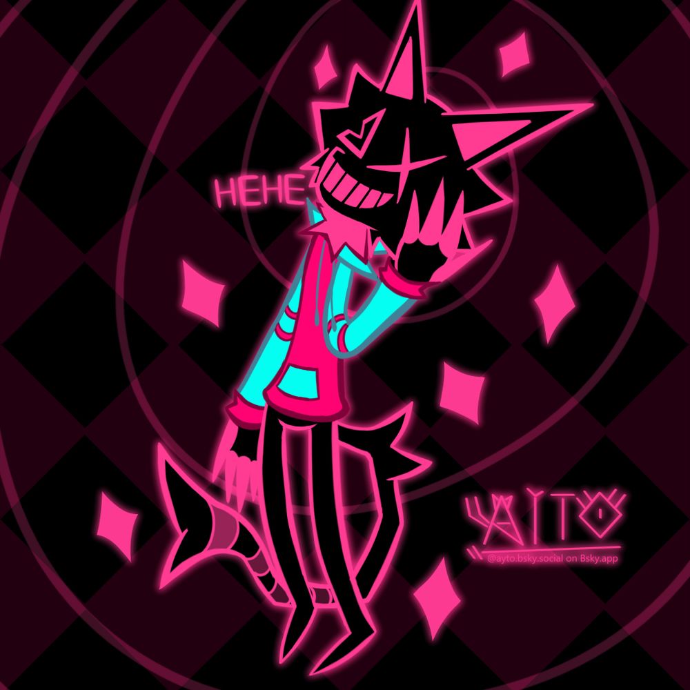 A black and bright pink cat demon with the right eye X shaped, a bright pink and cyan hoodie, smiling and laughing while holding their right hand on their face!