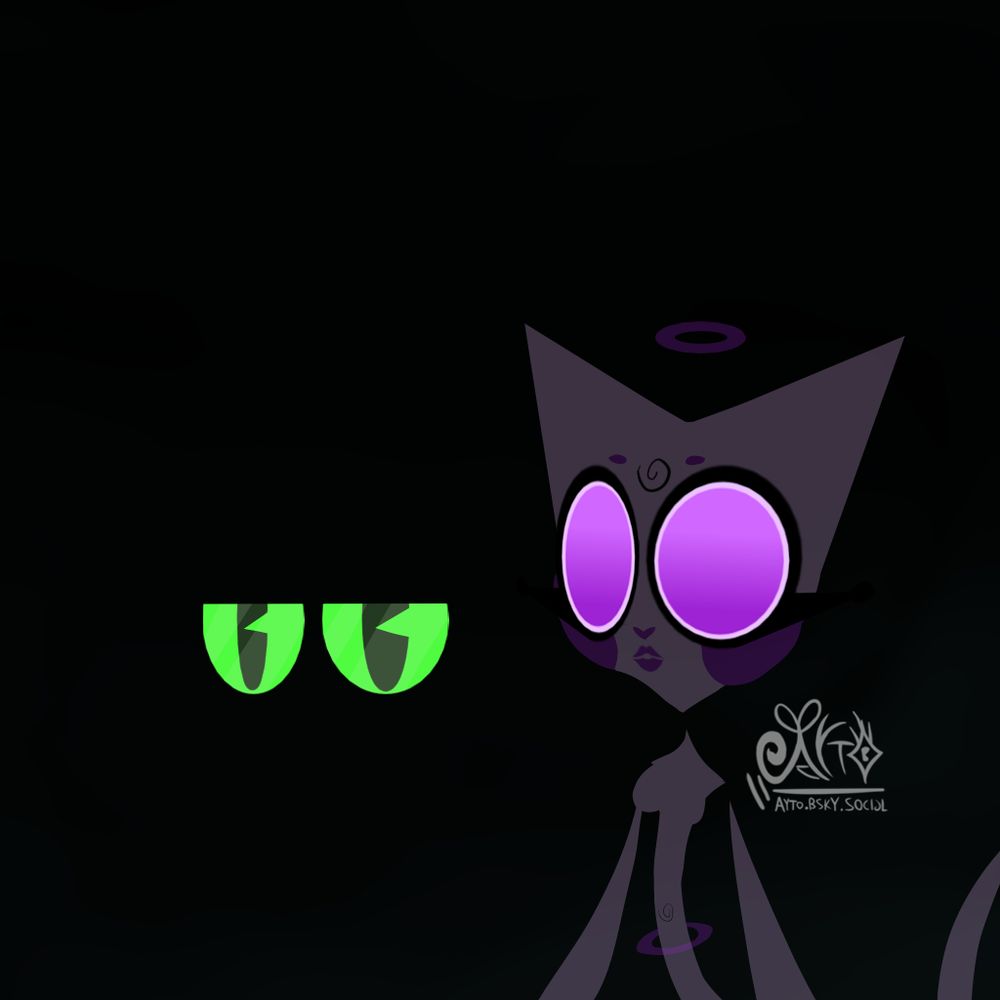 A dark place with green cat eyes floating and a pink cat ghost with huge pink pupils and makeup, with a floating pink halo on her waist and head, wearing a blank expression while the green eyes look quite annoyed (Probably because he can't find the light switch thing!!!!!