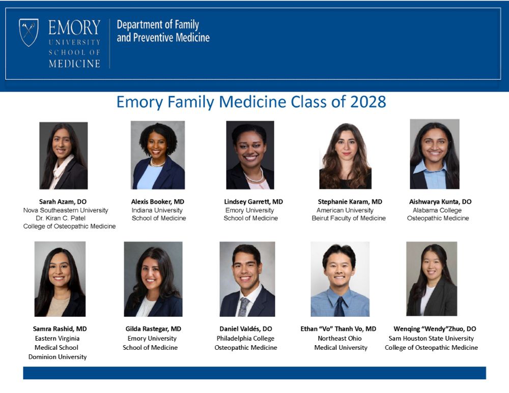 Pictured top row, left to right: Sarah Azam DO (Nova Southeastern University College of Osteopathic Medicine), Alexis Booker MD (Indiana University School of Medicine), Lindsey Garrett MD (Emory University School of Medicine), Stephanie Karam MD (American University Beirut Faculty of Medicine), Aishwarya Kunta DO (Alabama College of Osteopathic Medicine). Bottom row, left to right:  Samra Rashid MD (Eastern Virginia Medical School at Old Dominion University). Gilda Rastegar MD (Emory University School of Medicine), Daniel Valdes DO (Philadelphia College of Osteopathic Medicine), Ethan "Vo" Thanh Vo MD (Northeast Ohio Medical University), and Wenqing "Wendy" Zhuo DO (Sam Houston State University of Osteopathic Medicine).