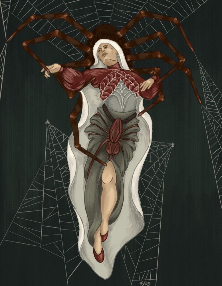 A woman is held by a large spider. A spider the size of a large dog is on her upper thighs, holding up a portion of her dress. 