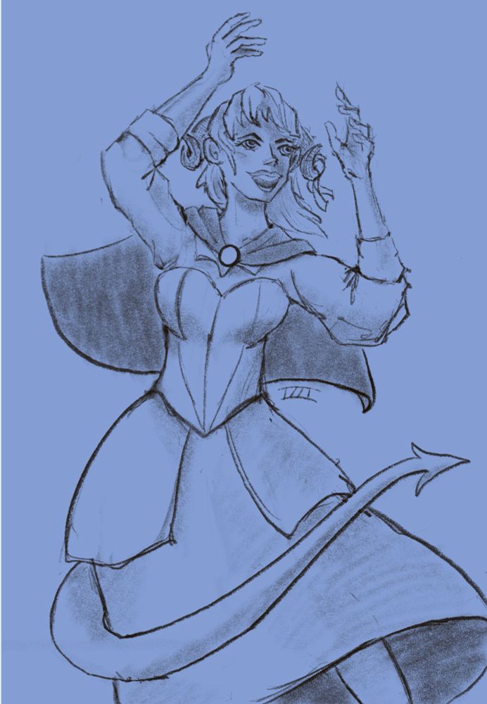 Jester Lavorre, a female tiefling, dances with her capelette and skirt flowing around her
