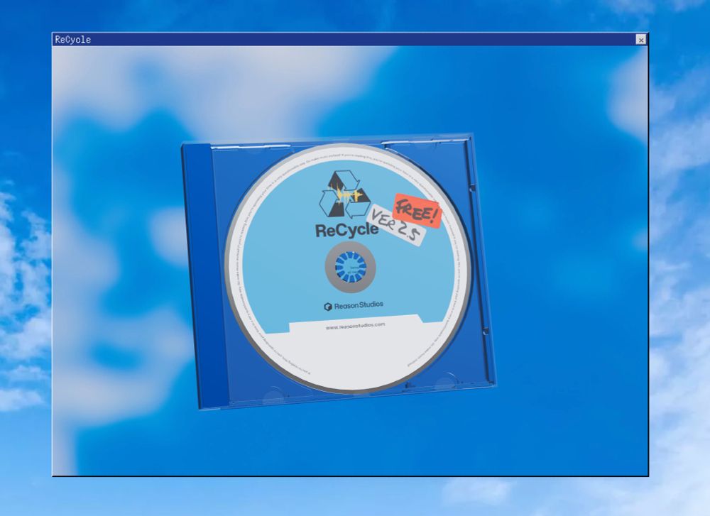 A stylized image of a software CD case floating against a bright blue sky with soft clouds. The CD is labeled "ReCycle" with a recycling symbol and waveform graphic above the name. It features a handwritten sticker that says "FREE! VER 2.5". The disc also displays the Reason Studios logo and URL (www.reasonstudios.com). The overall visual has a retro, Windows 95-style window frame with the title "ReCycle" in a monospaced font.