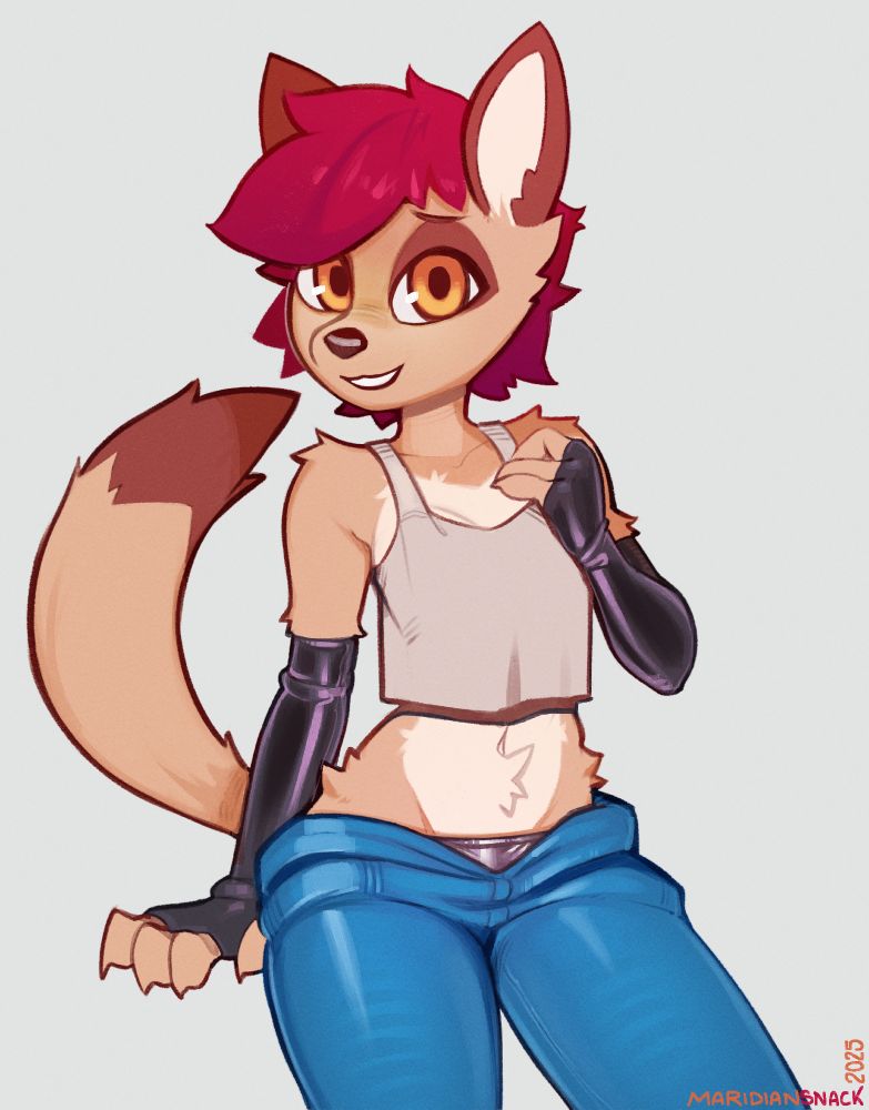 Syl lounging around with her jumpsuit half off exposing a peak at her underwear and midriff