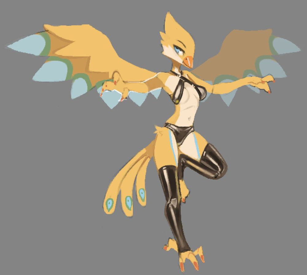 Phenelia taking flight but also wearing latex because of course I would put her in latex