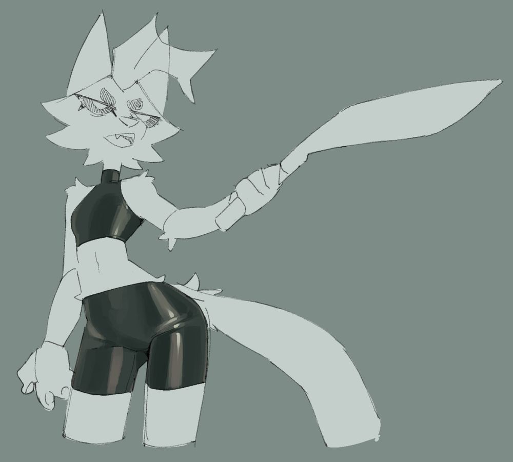 Varidya wearing shiny spats holding out her kukri