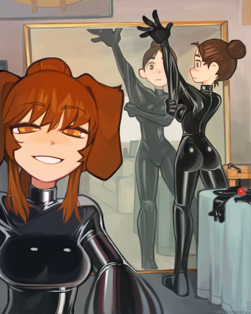 Ophelia taking a selfie with Hannah in the background. They're both trying on latex suits