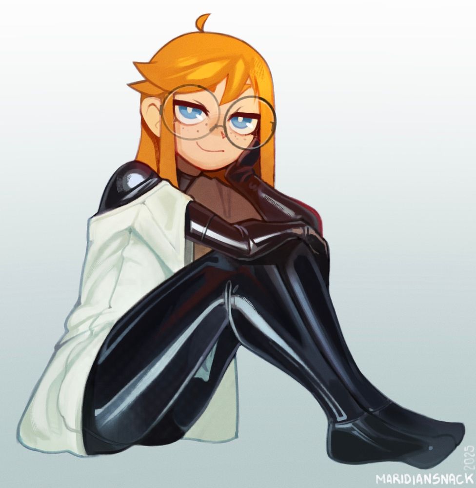 Siri sitting and looking at the viewer. She's wearing an oversized T-shirt with a latex bodysuit underneath