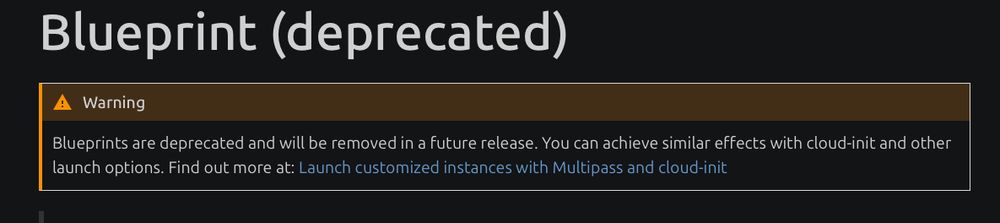 Multipass documentation banner stating blueprints are deprecated.