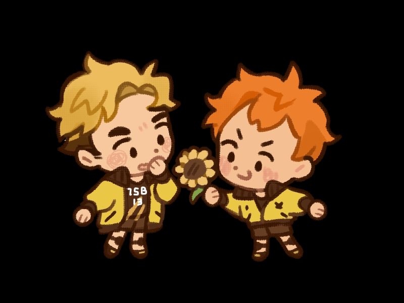 Adorable chibi haikyuu fanart of timeskip Hinata Shoyo giving Miya Atsumu a sunflower. They're in their MSBY uniforms. Atsumu is flustered and happy, Hinata is confident and smiling